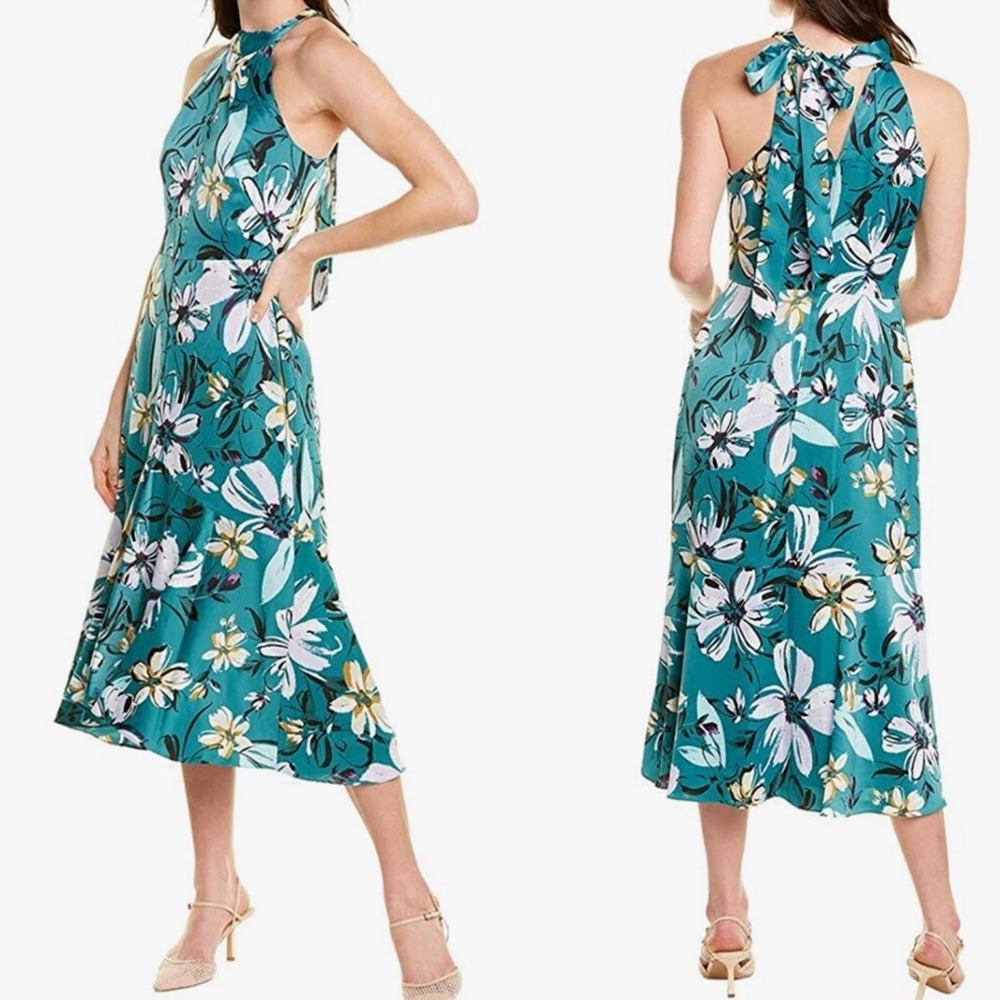 Maggy London Green Floral Tie Neck Halter Dress size 2